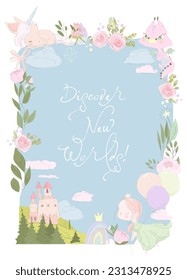 Cute Cartoon Frame with Princess, Dragon, Unicorn and Flowers