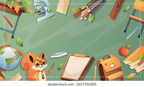 Netter Zeichentrickrahmen mit Schulsachen und Lehrereichhörnchen auf grünem Hintergrund. Vektorvorlage mit Textbereich für Poster und Kinderdesigns.

