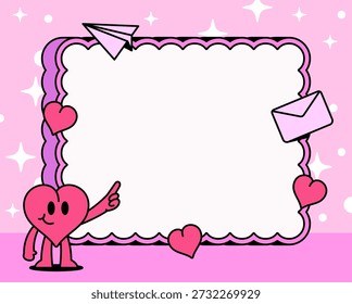 Cute cartoon frame with smiling heart character pointing to blank space, surrounded by love icons and envelopes. Perfect for romantic messages, valentines designs, social posts, cards