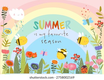 Cute Cartoon Frame with Summer Flowers, Plants and Bees. Vector Illustration