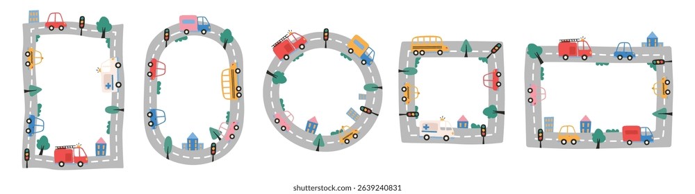 Cute cartoon frames decorated with roads highway and vehicles isolated set on white background. Childlike borders preschool geometric banner templates with empty blank copy space vector illustration