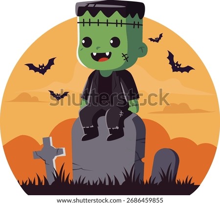 Cute cartoon Frankenstein monster sitting on a tombstone in a graveyard with bats flying against an orange sunset background.