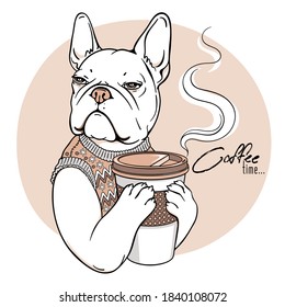 Cute cartoon french bulldog with a big cup of coffee. Coffee time illustration