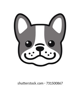 Cute cartoon French Bulldog face drawing. Adorable little dog portrait, simple vector illustration. Modern icon or logo.