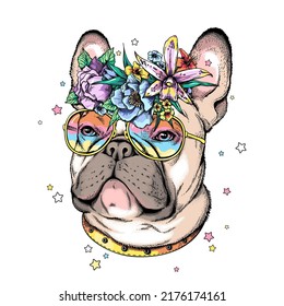 Cute cartoon french bulldog  in a floral wreath and sunglasses. Beautiful  animal with flowers. Stylish summer image for printing on any surface