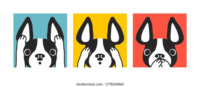 Cute cartoon french bulldog. Hand drawn vector illustration. Three dogs with characters - see no evil, hear no evil, speak no evil. 