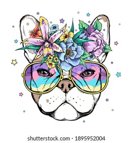 Cute cartoon french bulldog head in a floral wreath and bright sunglasses. Beautiful dog with flowers. Stylish summer image for printing on any surface
