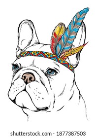 Cute cartoon french bulldog  in indian headdress. Bright illustration in ethnic style. Stylish image for printing on any surface