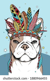 Cute cartoon french bulldog in indian headdress. Bright illustration in ethnic style. Stylish image for printing on any surface