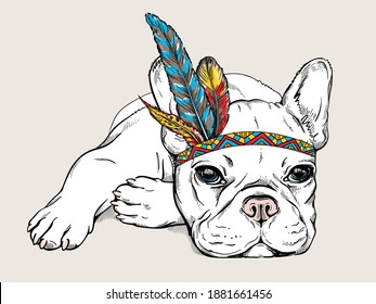 Cute cartoon french bulldog in indian headdress. Bright illustration in ethnic style. Stylish image for printing on any surface