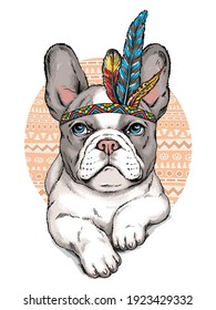 Cute cartoon french bulldog in indian headdress. Bright illustration in ethnic style. Stylish image for printing on any surface