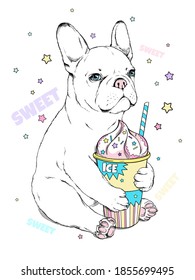 Cute cartoon french bulldog puppy with ice cream in a paper cup. Summer illustration. Stylish image for printing on any surface