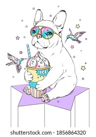 Cute cartoon french bulldog puppy with ice cream in a cup. Dog in sunglasses. Bulldog with birds. Stylish and bright image for printing on any surface.Summer  T-shirt composition