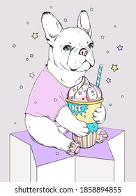 Cute cartoon french bulldog puppy with ice cream in a paper cup. Summer illustration with dog in t-shirt. Stylish image for printing on any surface