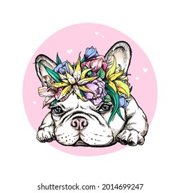 Cute cartoon french bulldog puppy in a floral wreath. Beautiful  animal with flowers. Stylish summer image for printing on any surface