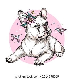 Cute cartoon french bulldog puppy with exotic flower . Summer illustration with dog and birds. Stylish image for printing on any surface	