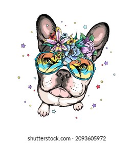 Cute cartoon french bulldog puppy in a floral wreath and sunglasses. Beautiful  animal with flowers. Stylish summer image for printing on any surface