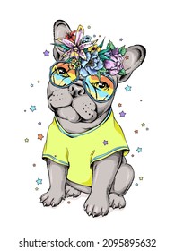 Cute cartoon french bulldog puppy in a floral wreath. Beautiful animal with flowers. Stylish summer image for printing on any surface