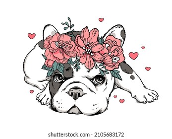 Cute cartoon french bulldog puppy in a floral wreath. Beautiful  animal with flowers. Stylish summer image for printing on any surface