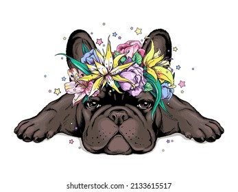 Cute cartoon french bulldog puppy in a floral wreath. Beautiful  animal with flowers. Stylish summer image for printing on any surface