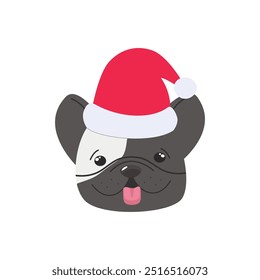 Cute cartoon french bulldog puppy with Christmas hat isolated on white background