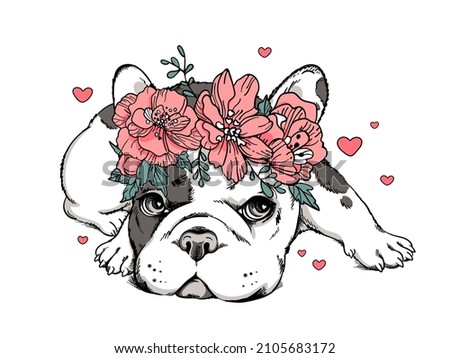 Cute cartoon french bulldog puppy in a floral wreath. Beautiful  animal with flowers. Stylish summer image for printing on any surface