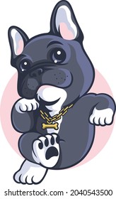 A Cute Cartoon French Bulldog Sitting Cross-Legged with a Golden Necklace