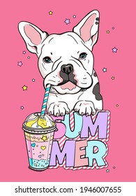 Cute cartoon french bulldog with smoothie. Bright summer composition for printing on any surface