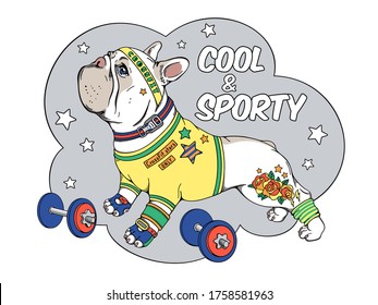 Cute cartoon french bulldog in sportswear. Cool and athletic dog with a tattoo. CrossFit Star