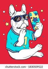 Cute cartoon french bulldog in sunglasses taking a selfie. Dog with a phone. Stylish image for printing on any surface	