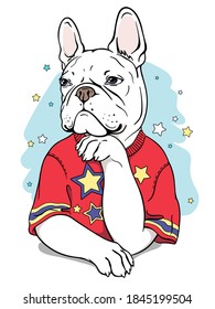 Cute cartoon french bulldog in a t-shirt. Portrait of a dog. Stylish image for printing on any surface