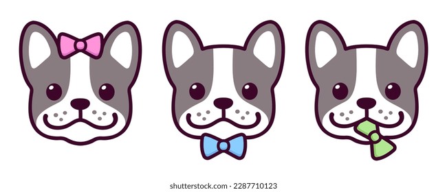 Cute cartoon French Bulldogs with color bows. Boy, girl and gender neutral (non-binary). Kawaii Frenchie dog gender vector illustration set.