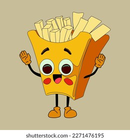 Cute Cartoon french fries character. Happy and cheerful emotions. Old animation 60s 70s, funny cartoon characters. Trendy illustration in retro style. 