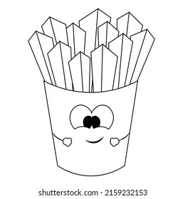 Cute cartoon French fries. Draw illustration in black and white