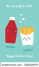 Cute Cartoon French Fries And Ketchup Valentine's Day Vector Greeting Card