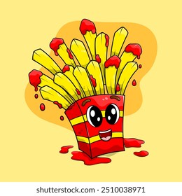 Cute cartoon french fries with ketchup. Happy potato fries expression.
