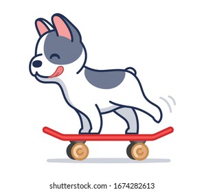 Cute cartoon french puppy riding on skateboard isolated on white.