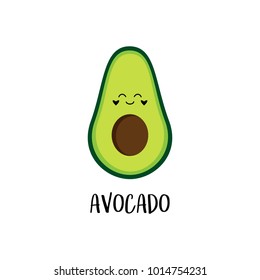 Cute cartoon fresh healthy avocado vector graphic illustration. Ripe half cut avocado fruit icon with face and writing.