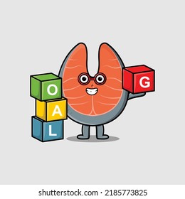 Cute cartoon fresh salmon businessman stacking goal box in flat modern style design