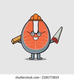 Cute cartoon fresh salmon as carpenter character with saw and wood in flat modern style design