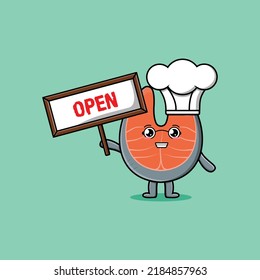 Cute cartoon fresh salmon character holding open sign board designs in concept flat cartoon style