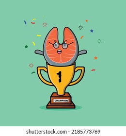 Cute cartoon fresh salmon character in trophy in concept flat cartoon style
