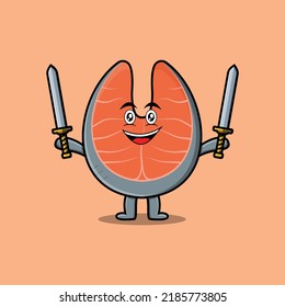 Cute cartoon Fresh salmon character holding two sword in flat modern design