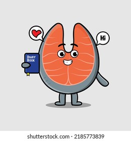 Cute cartoon fresh salmon character holding diary book with happy expression in flat cartoon style