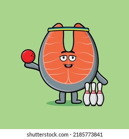 Cute cartoon fresh salmon character playing bowling in flat modern style design