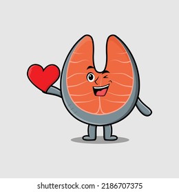 Cute cartoon fresh salmon character holding big red heart in modern style design