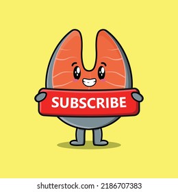Cute cartoon fresh salmon character holding red subscribe board