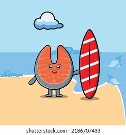 Cute cartoon fresh salmon character playing surfing with surfing board in flat cartoon illustration