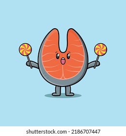 Cute cartoon fresh salmon character holding lollipop candy in flat cartoon style illustration