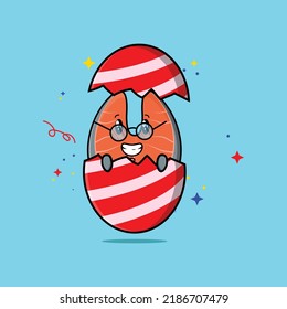 Cute cartoon fresh salmon character coming out from easter egg look so happy in illustration cartoon